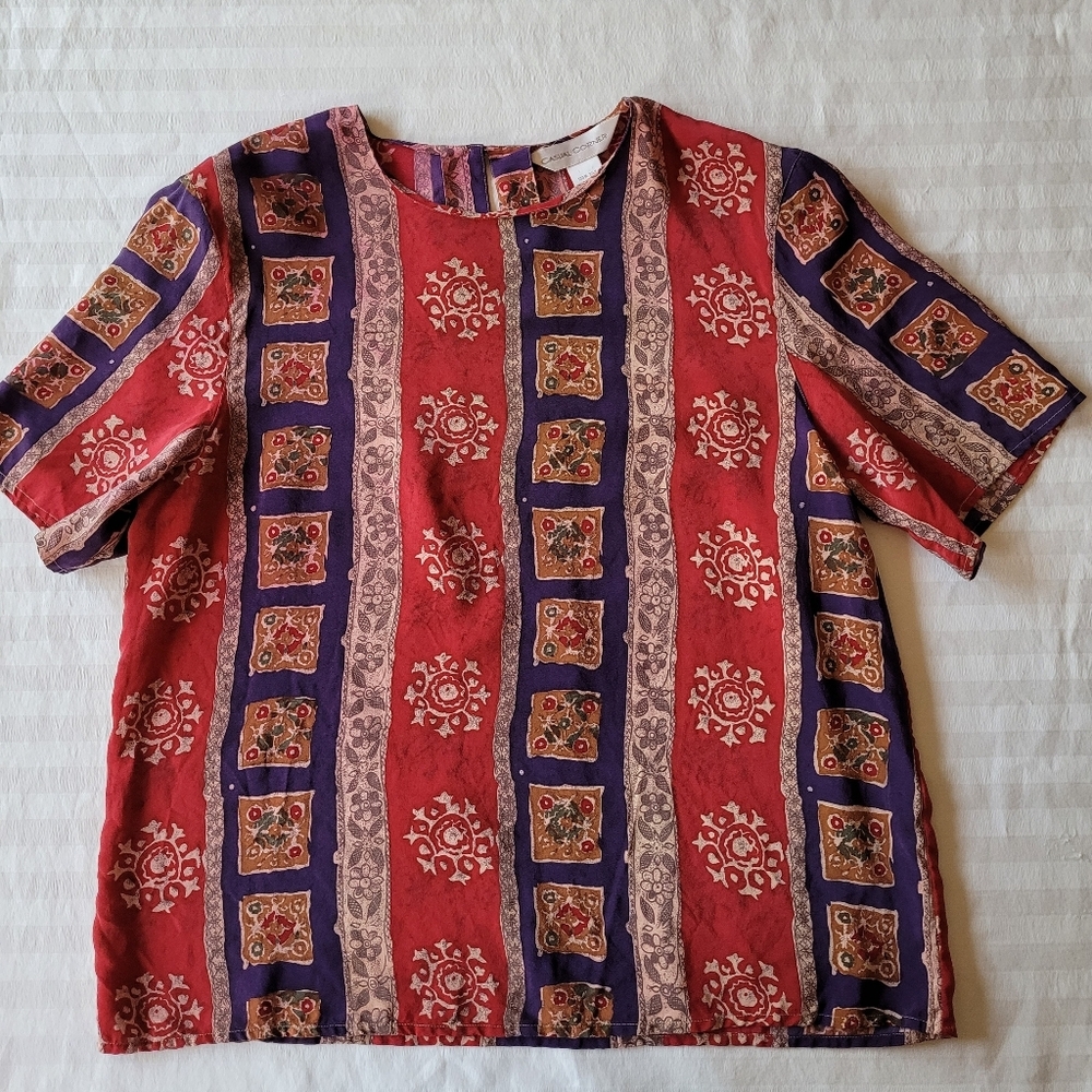 Casual Corner Vintage Red and Purple Patterned Top 100% Silk Size XL